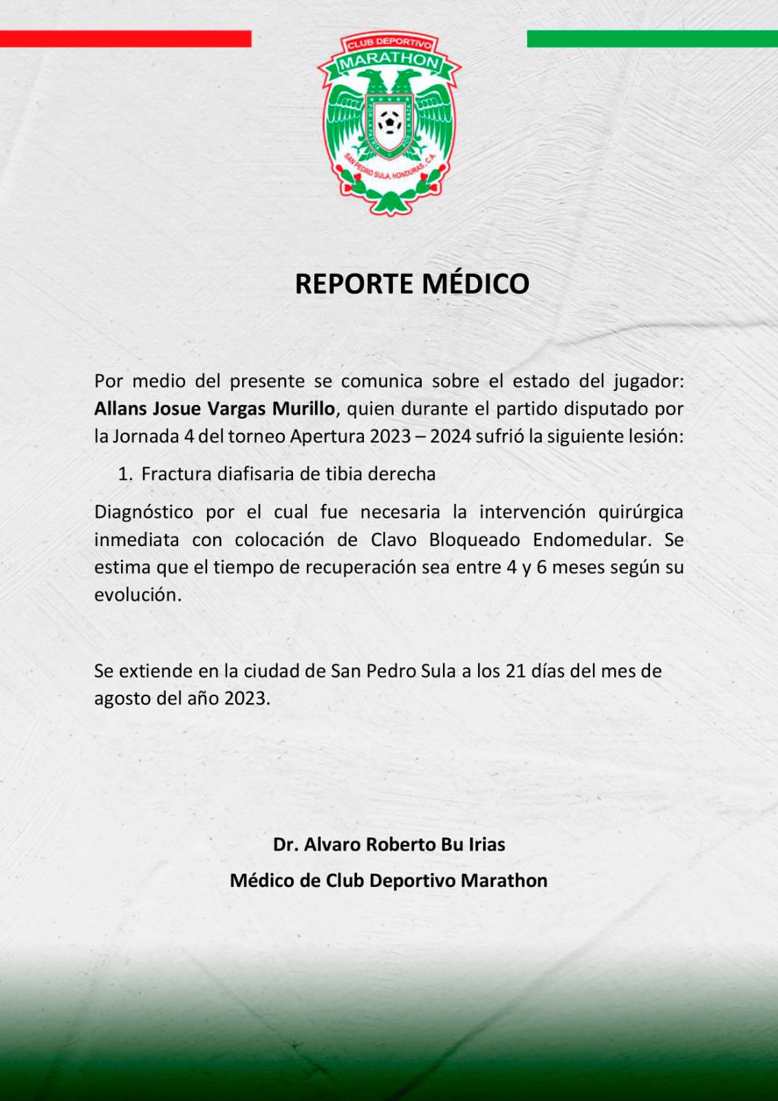 El informe médico del Marathón sobre la dura lesión de Allans Vargas.