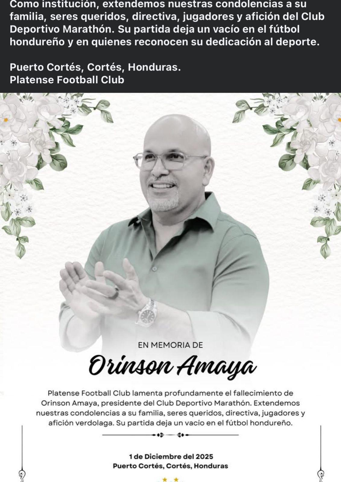 Pachuca y los equipos de la Liga Nacional despiden al presidente de Marathón, Orinson Amaya: Permanecerá en nuestros corazones