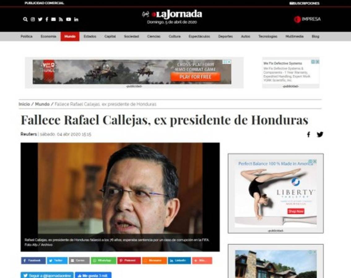 Así reaccionaron medios internacionales tras muerte de Rafael Callejas