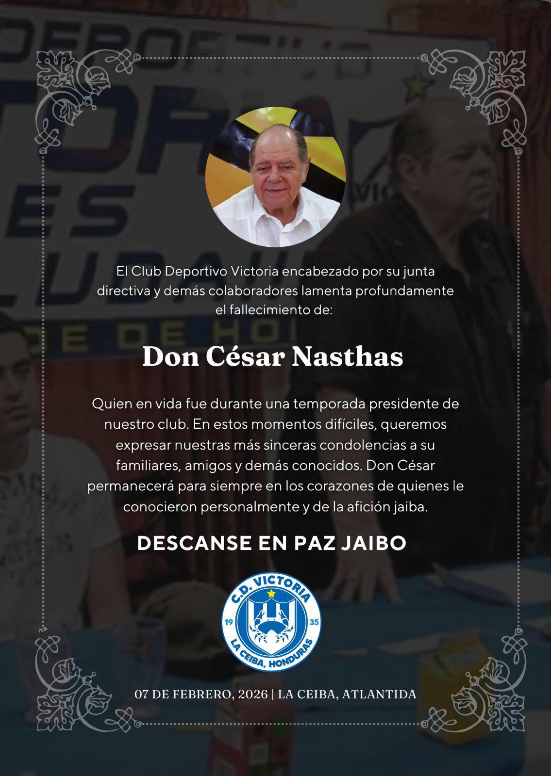 El comunicado del Victoria tras la muerte de César Nasthas.