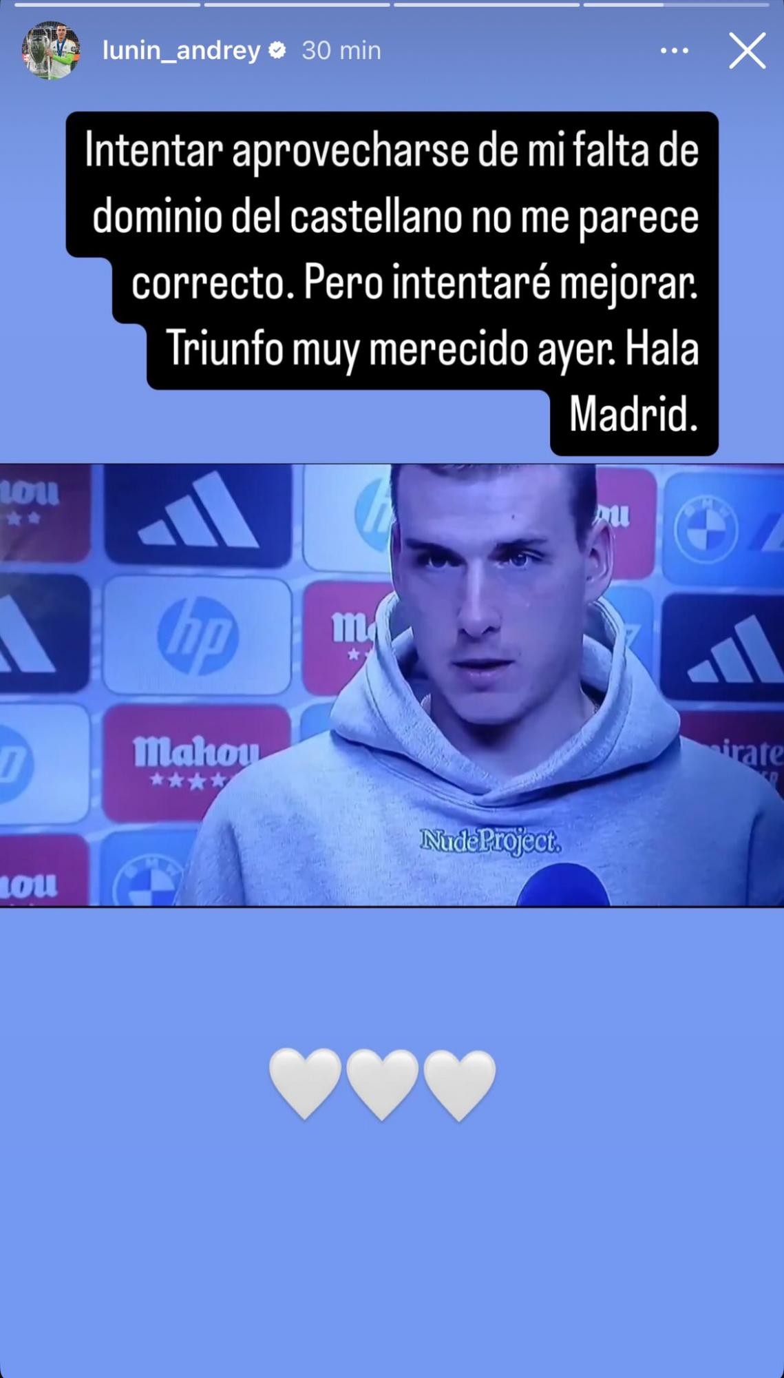 Lunin aclaró en su cuenta de Instagram que se manipularon sus declaraciones.