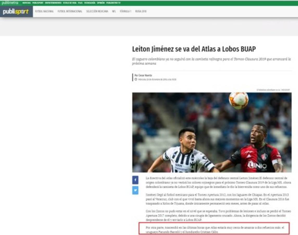 Lo que dicen los medios mexicanos de Cristian Cálix al ser fichado por Atlas