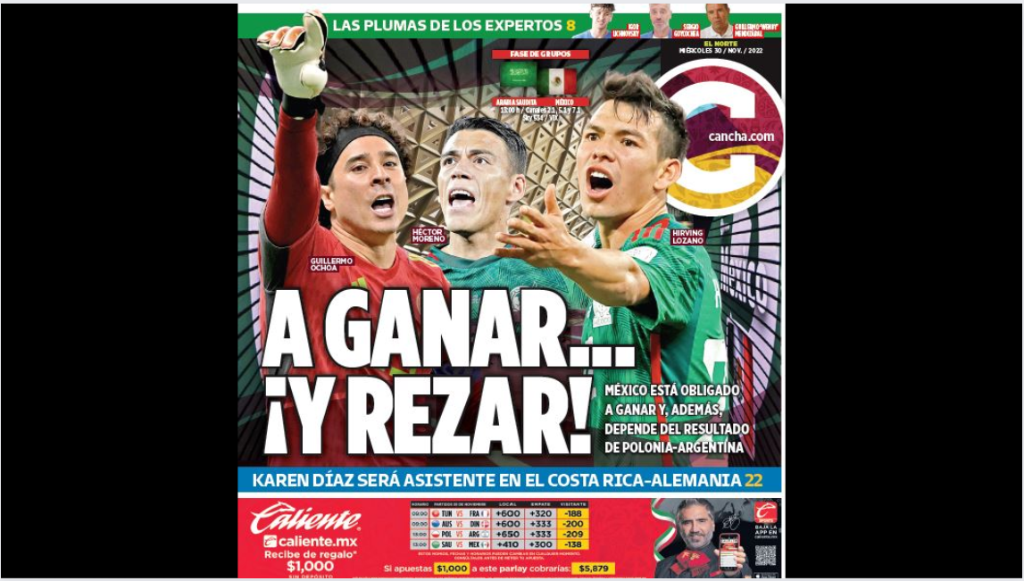 “A ganar y a rezar”, así amanecieron las portadas de los diarios mexicanos previo al juego ante Arabia Saudita