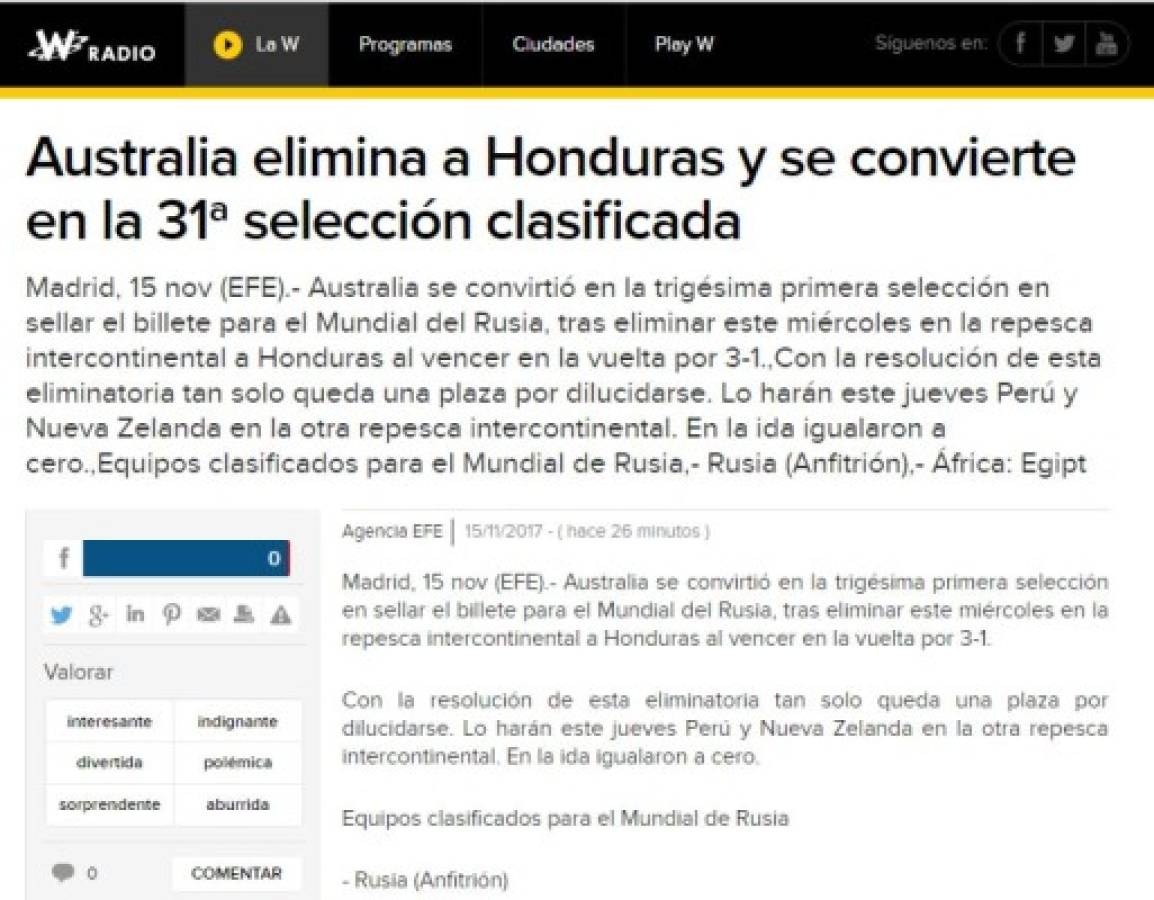 Prensa internacional resalta 'el fracaso' de Honduras y la goleada de Australia