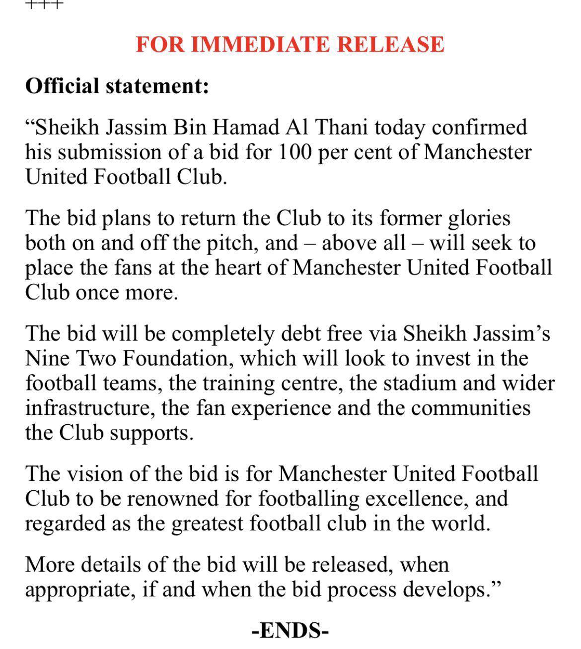 El comunicado desde Qatar confirmando la oferta para comprar al Manchester United.