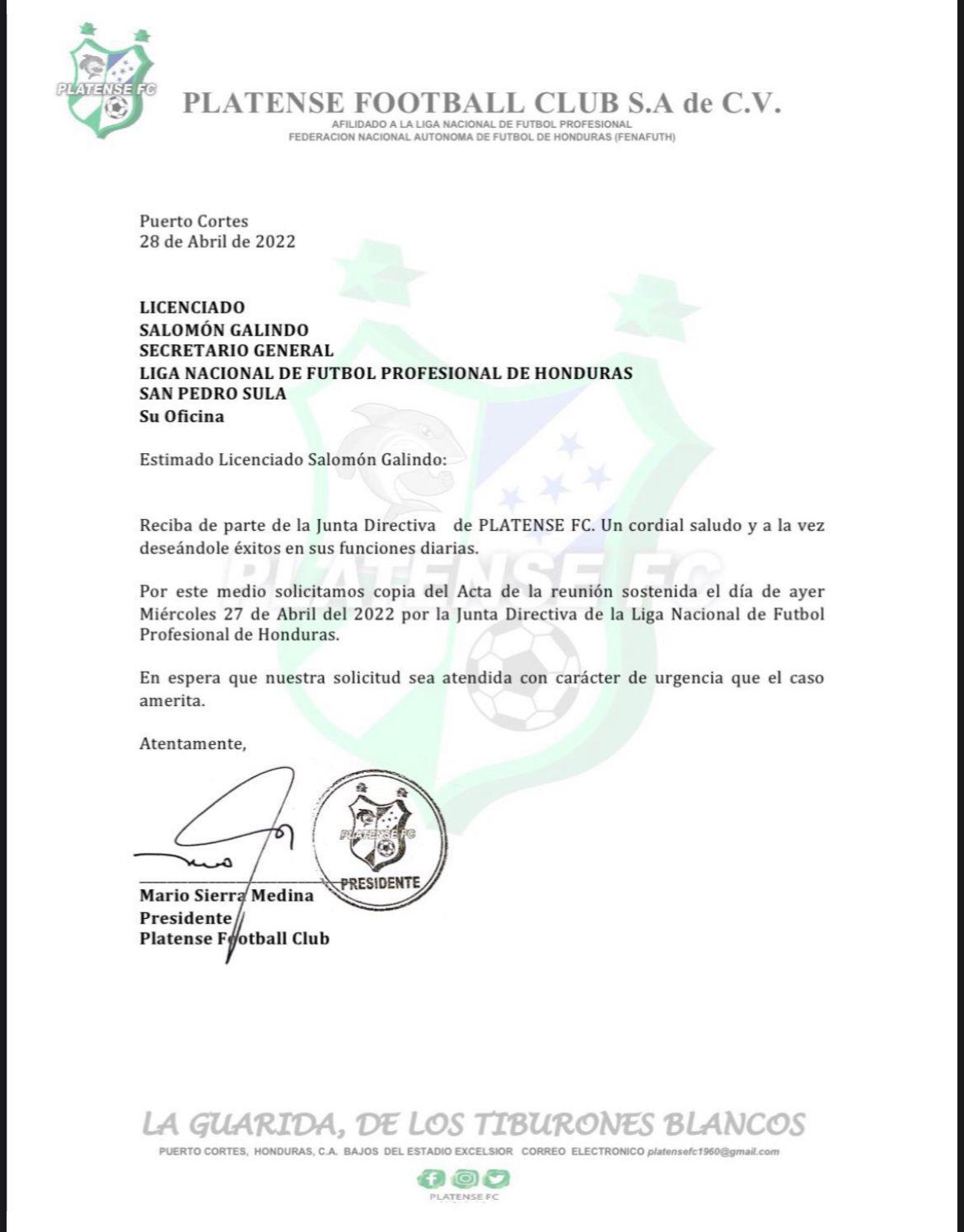 Platense se rehusa al descenso y solicita a la Liga Nacional copia del acta de la reunión donde declinaron su denuncia