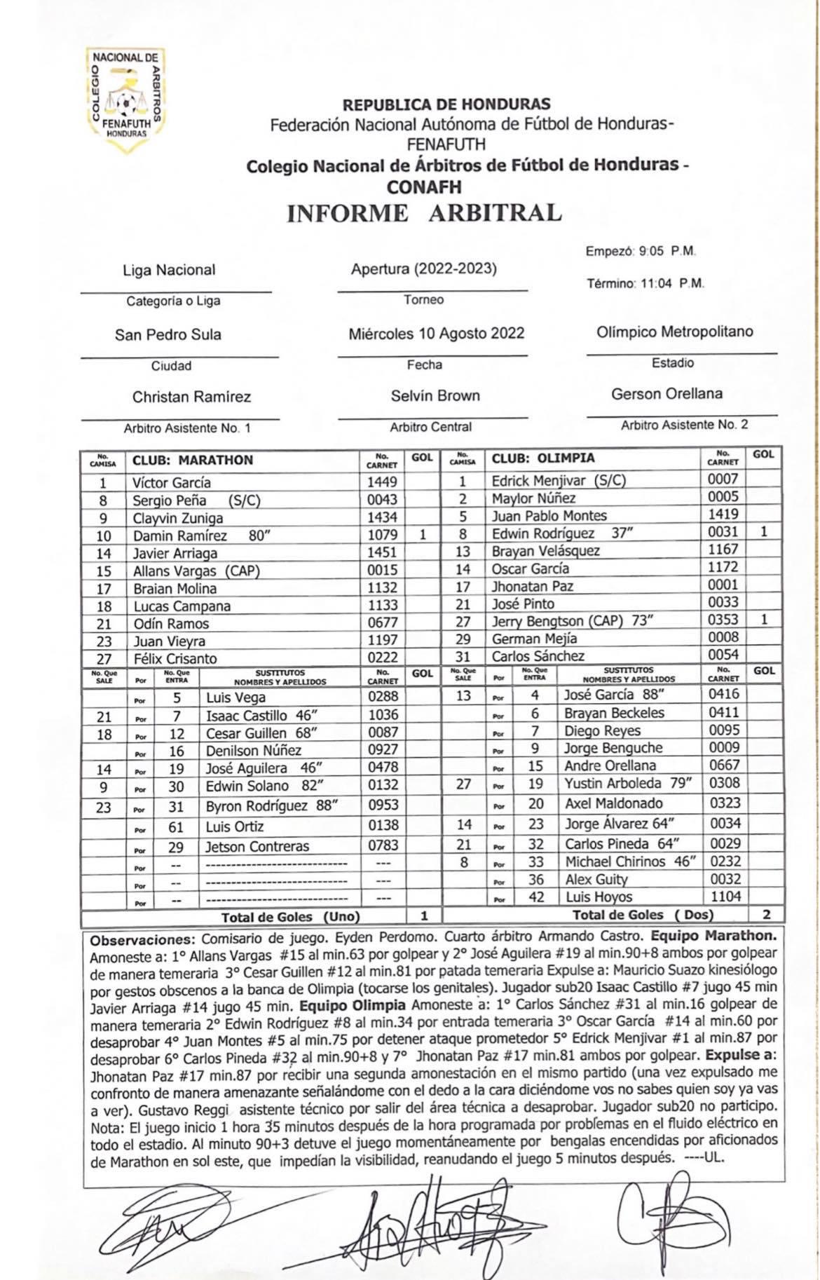 Lo que Selvin Brown insertó en el acta arbitral tras la expulsión de Jonathan Paz, jugador del Olimpia