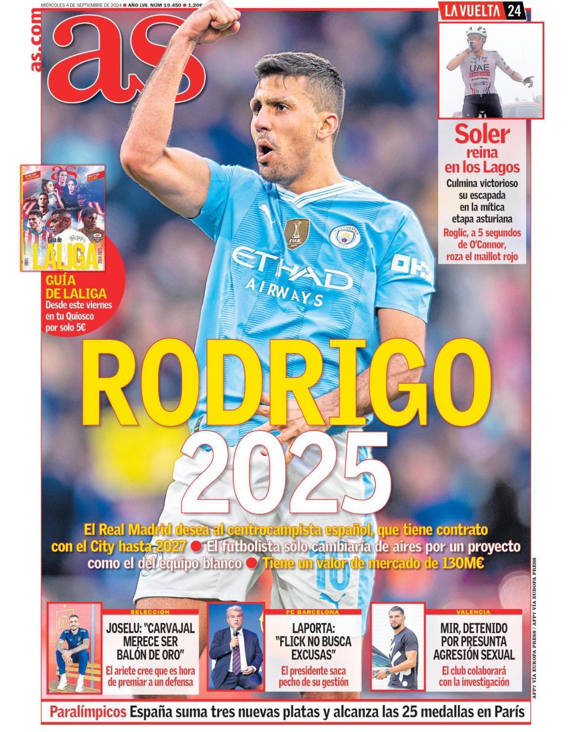 El diario AS asegura que Real Madrid intentará el fichaje de Rodri en 2025.