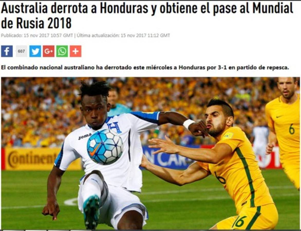Prensa internacional resalta 'el fracaso' de Honduras y la goleada de Australia