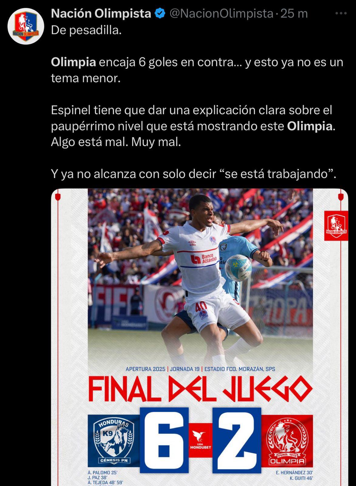 Falta de respeto Humillante: la prensa crítica a los jugadores del Olimpia de Espinel tras recibir goleada histórica por Génesis