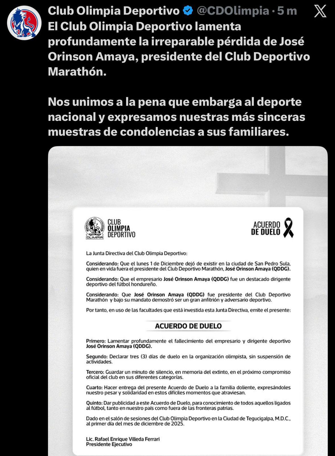 Pachuca y los equipos de la Liga Nacional despiden al presidente de Marathón, Orinson Amaya: Permanecerá en nuestros corazones