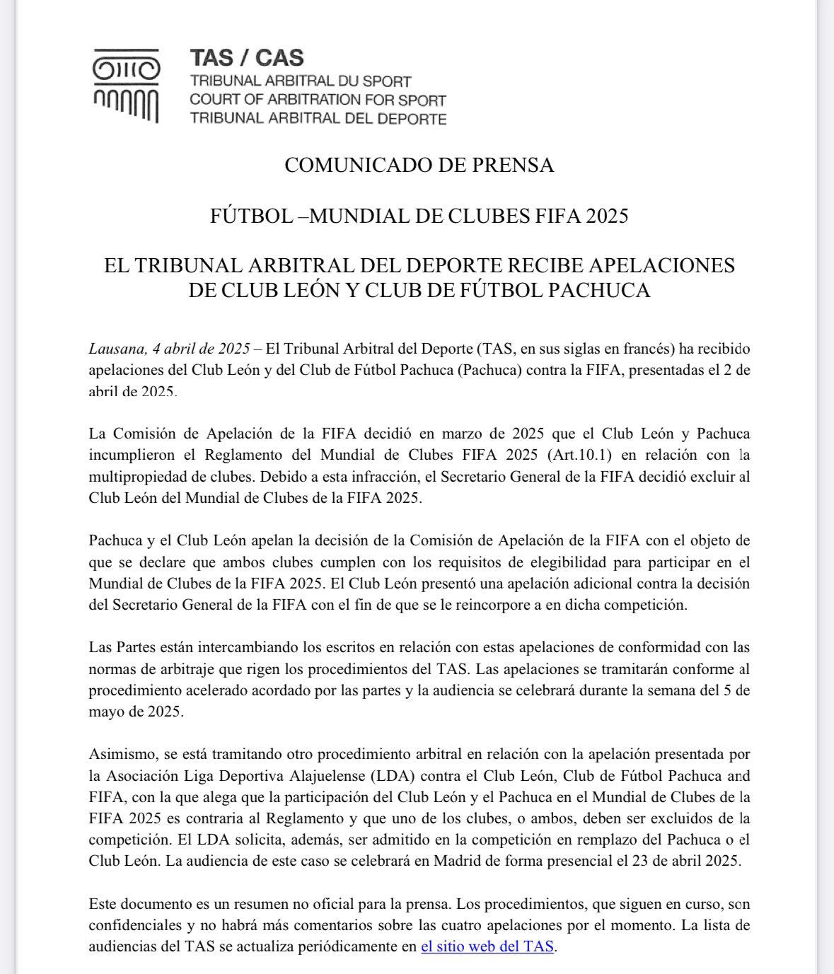 El TAS confirma que ya tiene en su poder la apelación del León contra FIFA.