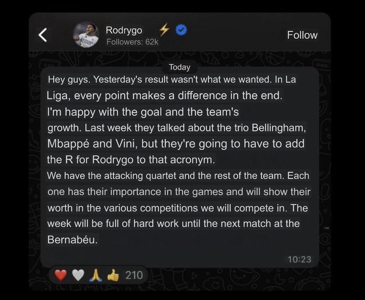 El mensaje de Rodrygo escrito por su equipo de comunicación que fue borrado en Whatsapp.