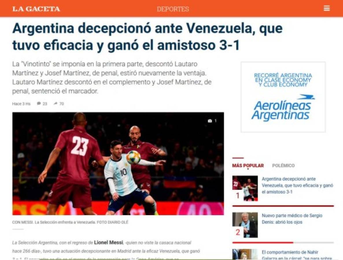 Los medios argentinos y sus titulares sobre derrota de Argentina en la vuelta de Messi