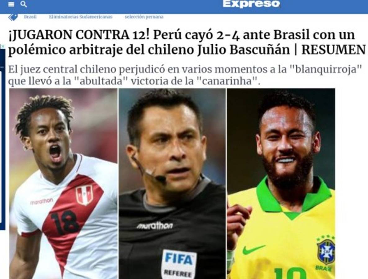 'Árbitro ratero y robo': Así reaccionó la prensa peruana tras del polémico partido ante Brasil    