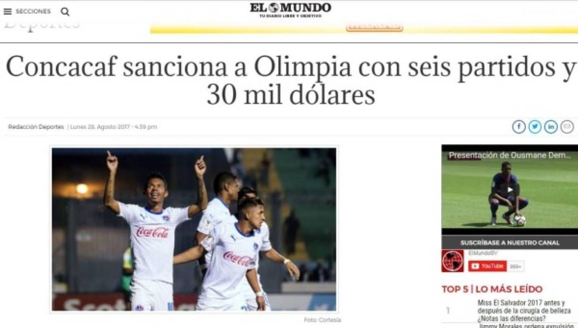 Así reaccionan los medios de El Salvador por el castigo al Olimpia