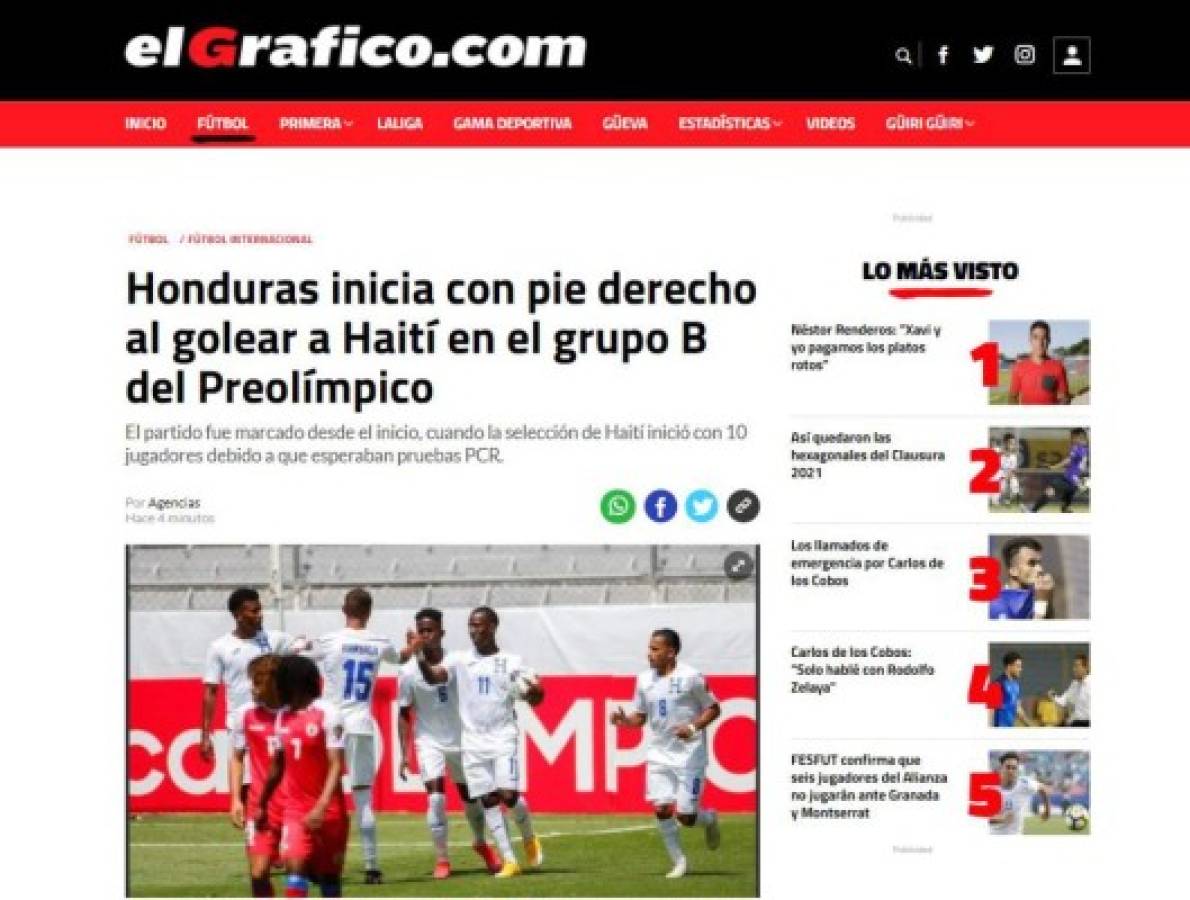 Lo que dicen los medios sobre el debut y victoria de Honduras ante Haití en el Preolímpico 2021