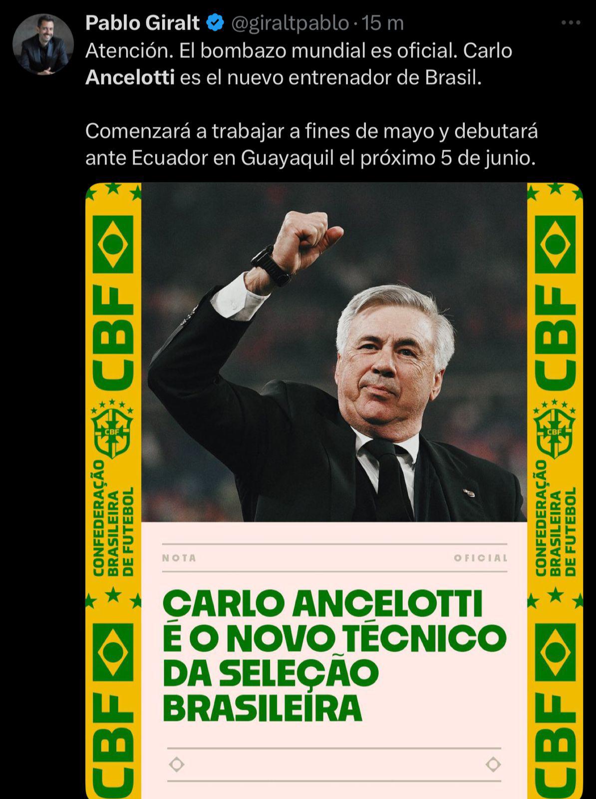 Tiemblan en Argentina, Nombramiento histórico: así reacciona la prensa tras el fichaje de Ancelotti a Brasil