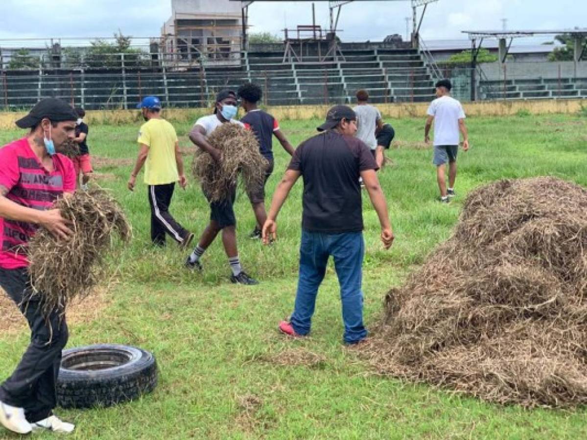 Jugadores del Tela FC dejan el balón a un lado y comienzan a limpiar el estadio Alfredo León Gómez