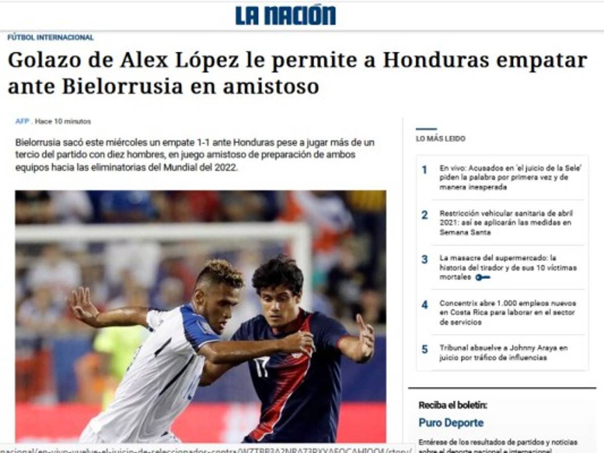 Prensa Internacional elogia a Alex López por su golazo en el empate de Honduras ante Bielorrusia