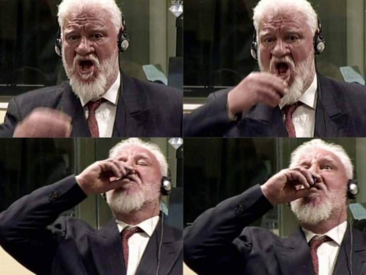 (COMBO) This combination of pictures created on November 29, 2017 shows videograbs taken from live footage of the International Criminal Court, of Croatian former general Slobodan Praljak swallowing what is believed to be poison, during his judgement at the UN war crimes court to protest the upholding of a 20-year jail term.Former Bosnian Croat military leader Slobodan Praljak was alive and being treated by medics. / AFP PHOTO / International Criminal Tribunal for the former Yugoslavia / - / RESTRICTED TO EDITORIAL USE - MANDATORY CREDIT 'AFP PHOTO / ICTY' - NO MARKETING NO ADVERTISING CAMPAIGNS - DISTRIBUTED AS A SERVICE TO CLIENTS