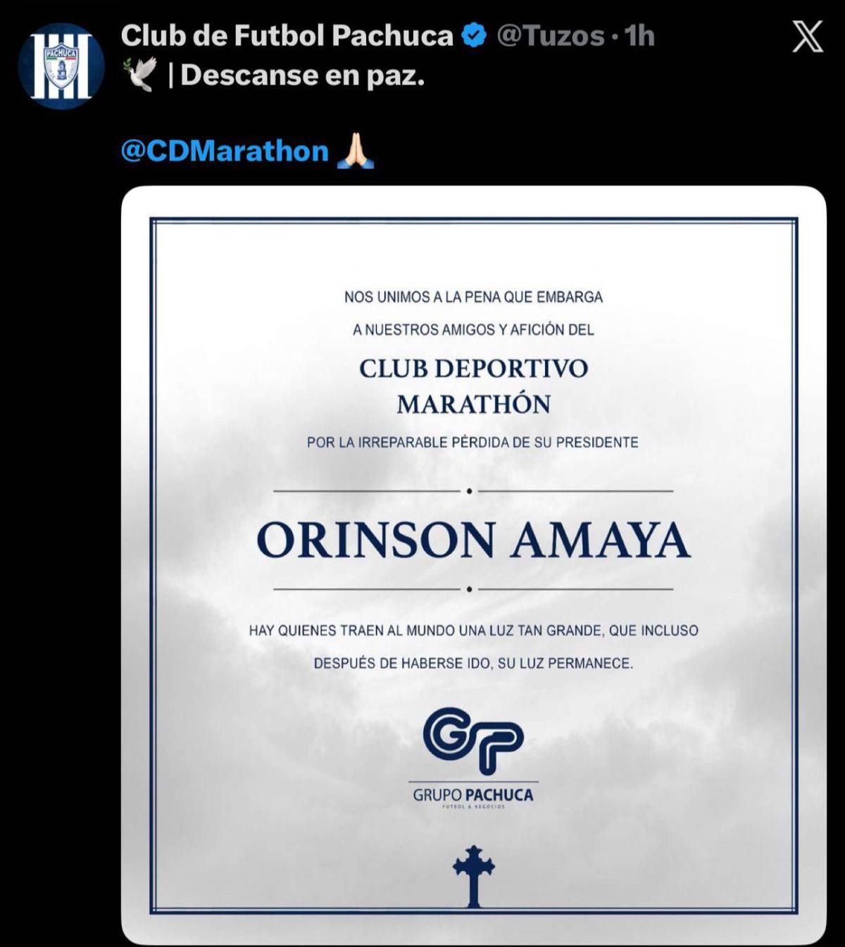 Pachuca y los equipos de la Liga Nacional despiden al presidente de Marathón, Orinson Amaya: Permanecerá en nuestros corazones