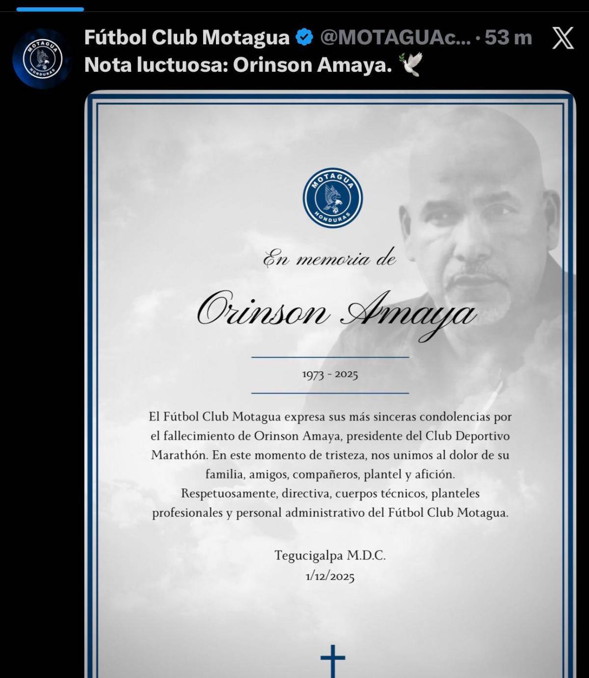 Pachuca y los equipos de la Liga Nacional despiden al presidente de Marathón, Orinson Amaya: Permanecerá en nuestros corazones