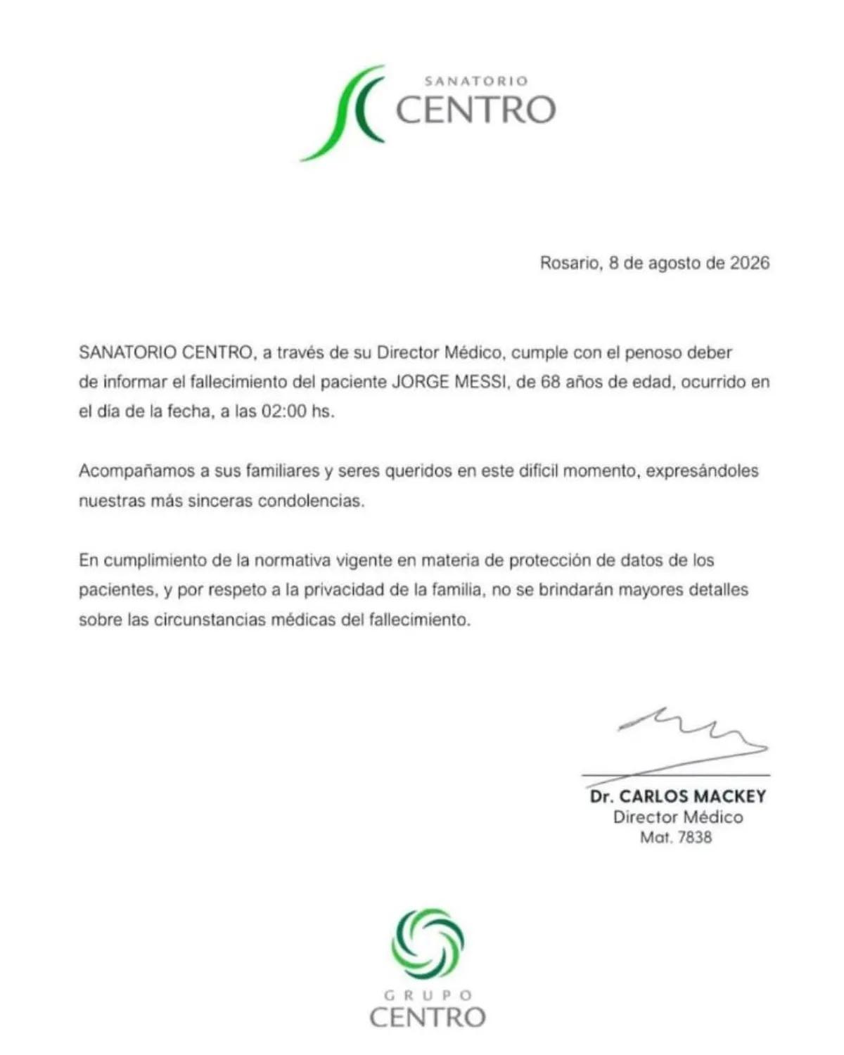 El comunicado del hospital donde atendieron a Jorge Messi antes de fallecer.