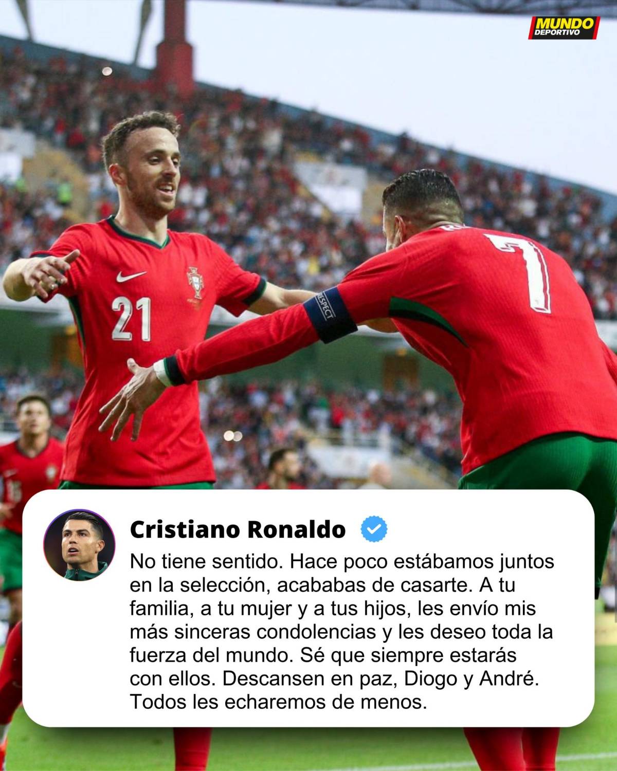 Cristiano Ronaldo impactado: el gesto con la esposa de Jota, el tatuaje que siempre recordará a Diogo y el nuevo 21 de Portugal