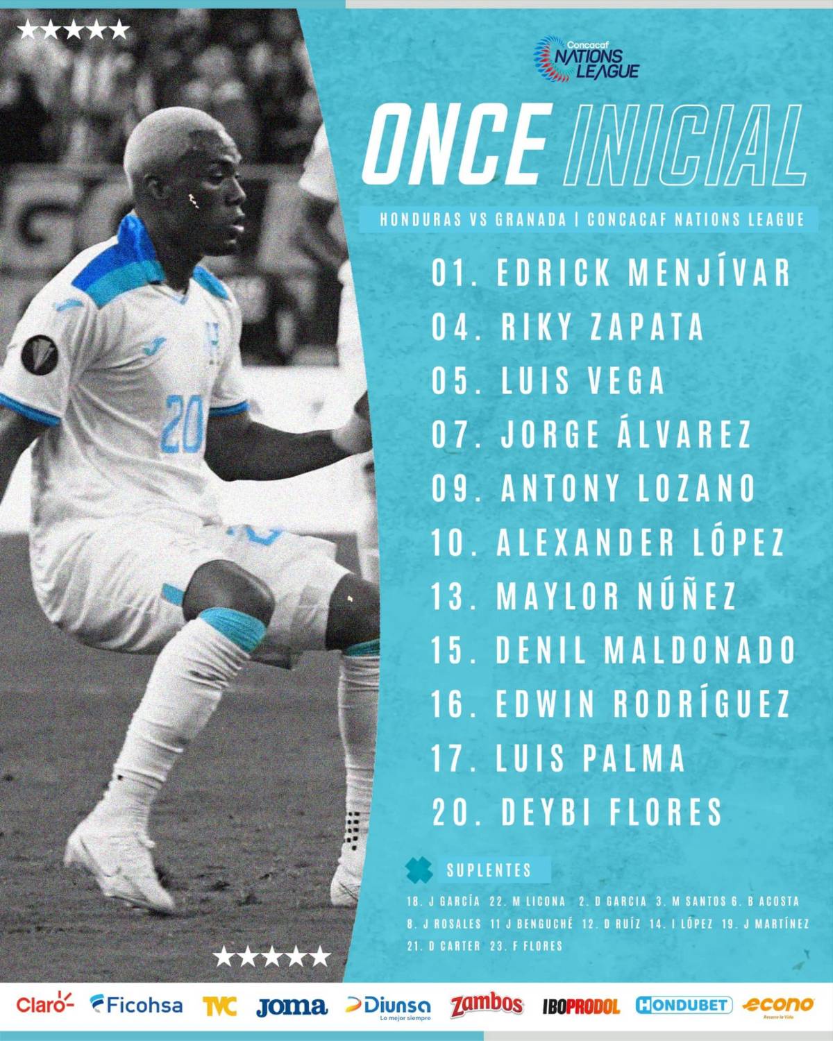 Con cuatro variantes y qué pasó con Nájar: el once de la Selección de Honduras para enfrentar a Granada en Nations League