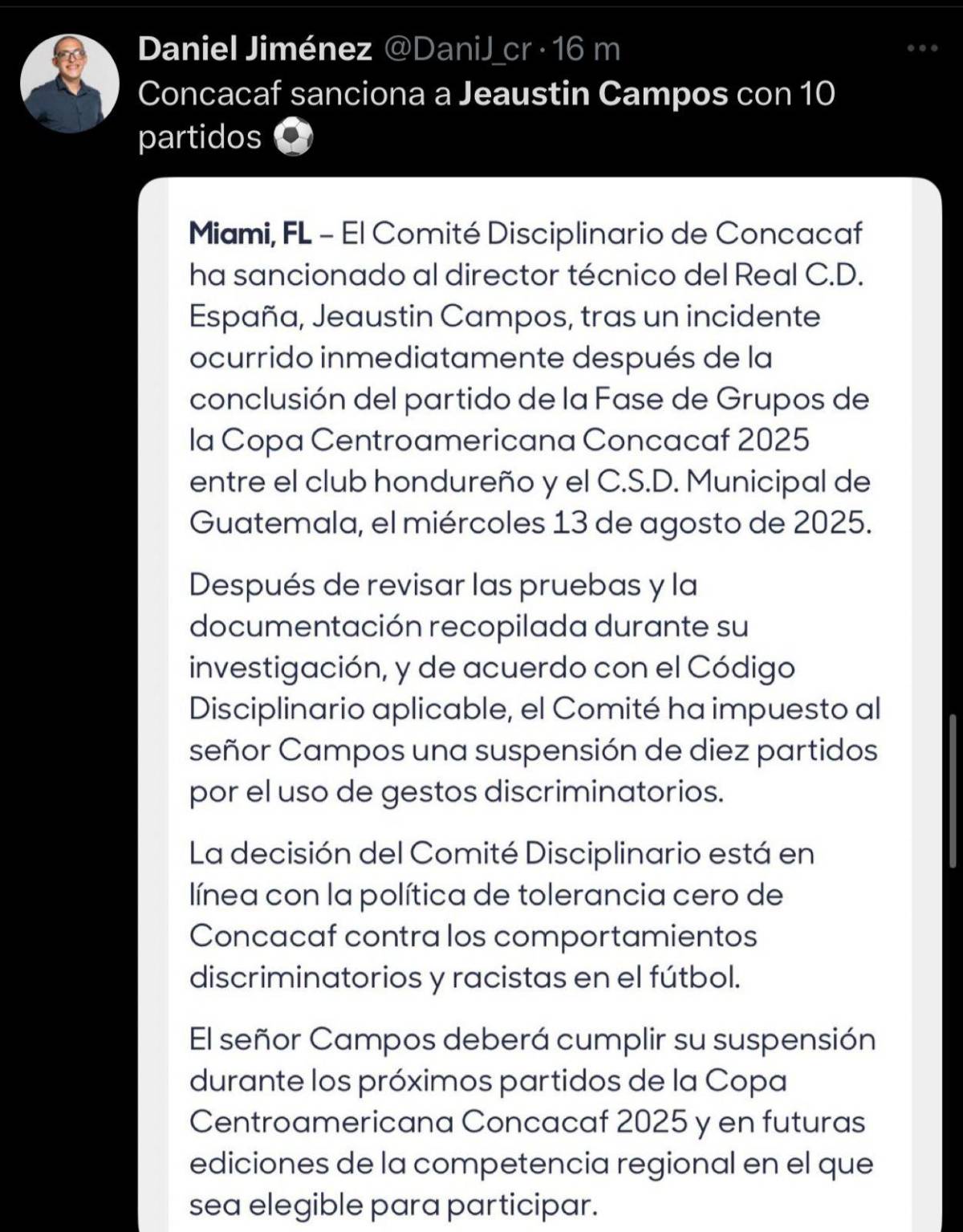 Le salió caro: la prensa tica y hondureña reacciona al castigo de 10 partidos que recibió Campos por parte de Concacaf