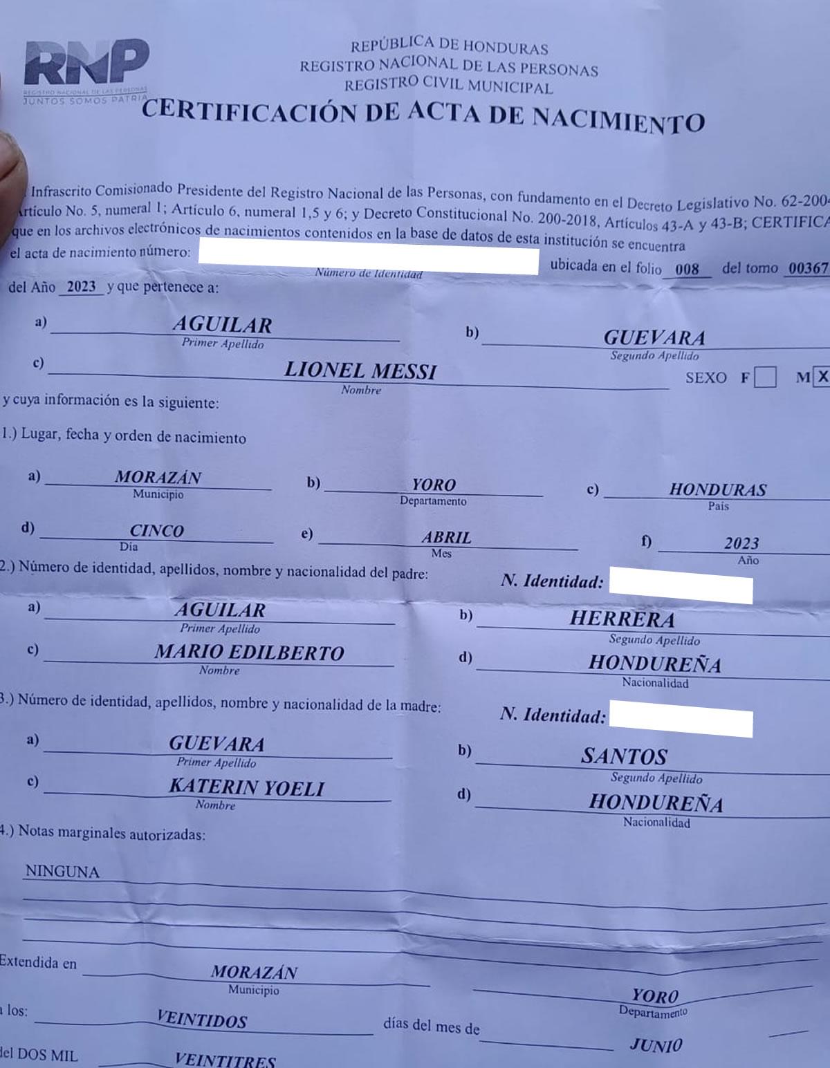 Acta de nacimiento de Lionel Messi Aguilar Herrera de Morazán, Yoro.