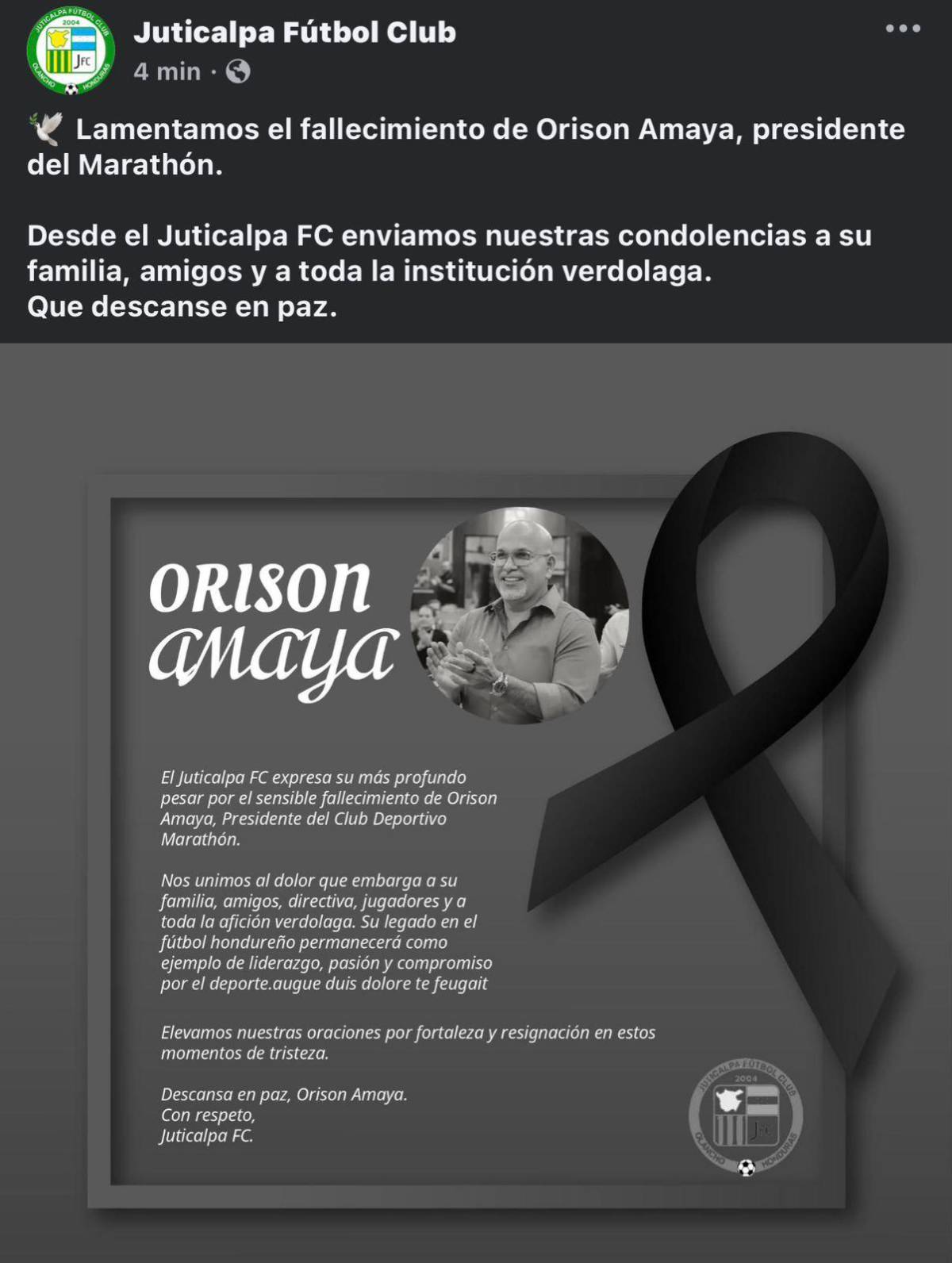 Pachuca y los equipos de la Liga Nacional despiden al presidente de Marathón, Orinson Amaya: Permanecerá en nuestros corazones