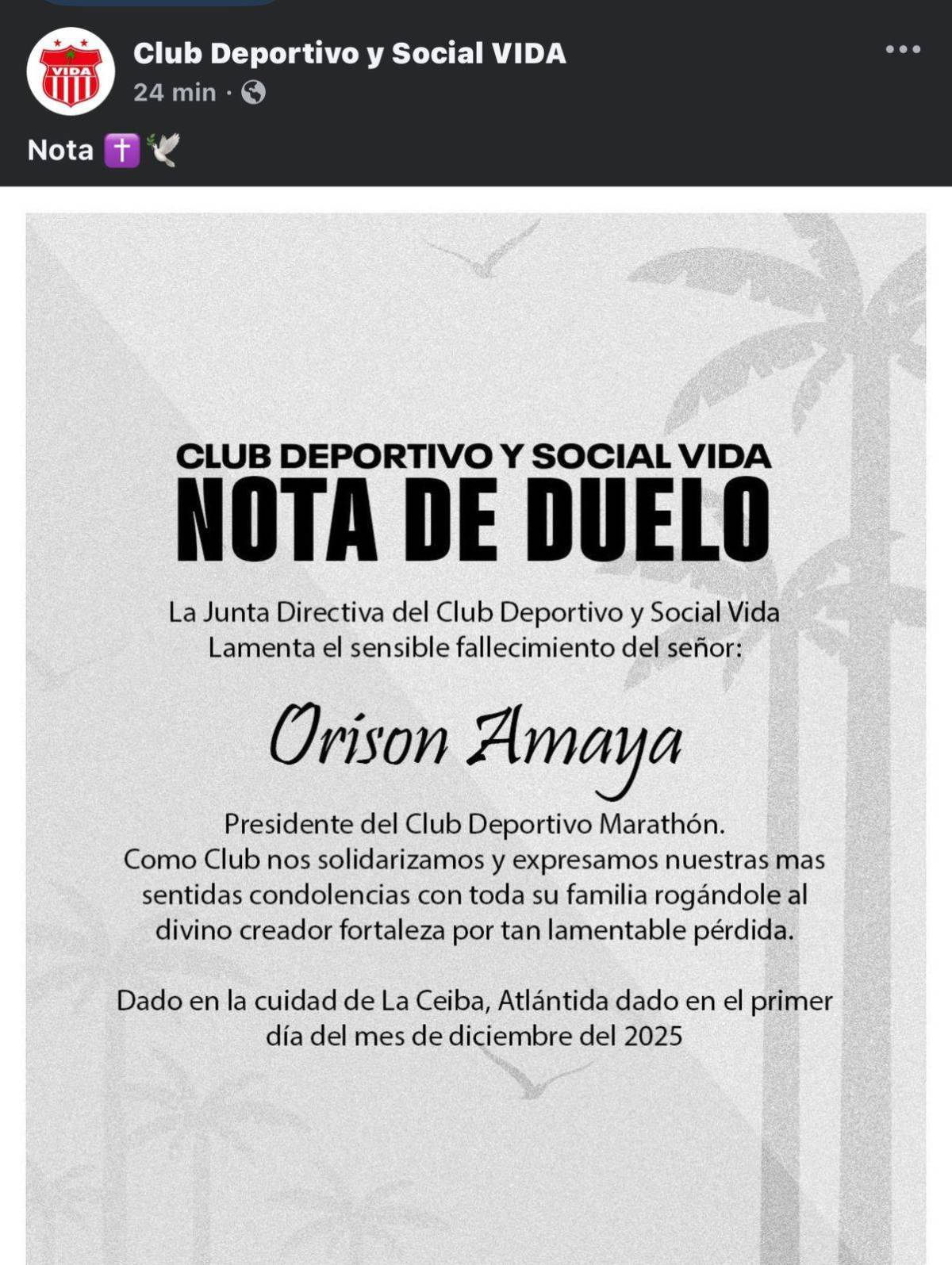 Pachuca y los equipos de la Liga Nacional despiden al presidente de Marathón, Orinson Amaya: Permanecerá en nuestros corazones
