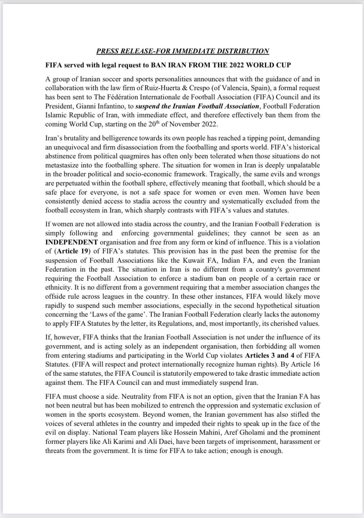 Inesperado ¿Por qué llegó a FIFA una solicitud para descalificar a Irán del Mundial de Qatar 2022?