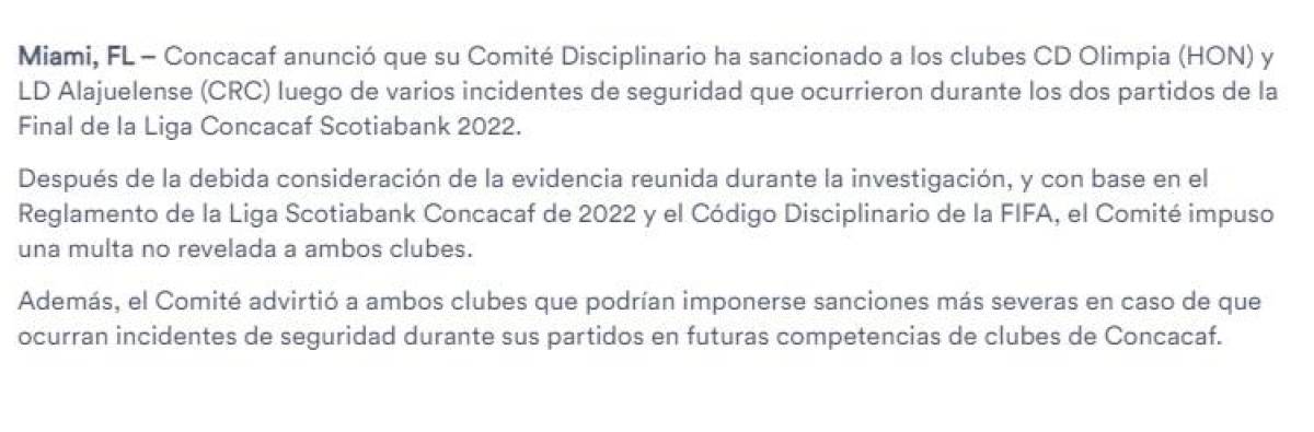 ¡Mano dura! Concacaf sanciona a Olimpia y a la Liga Deportiva Alajuelense tras la final de Liga Concacaf 2022