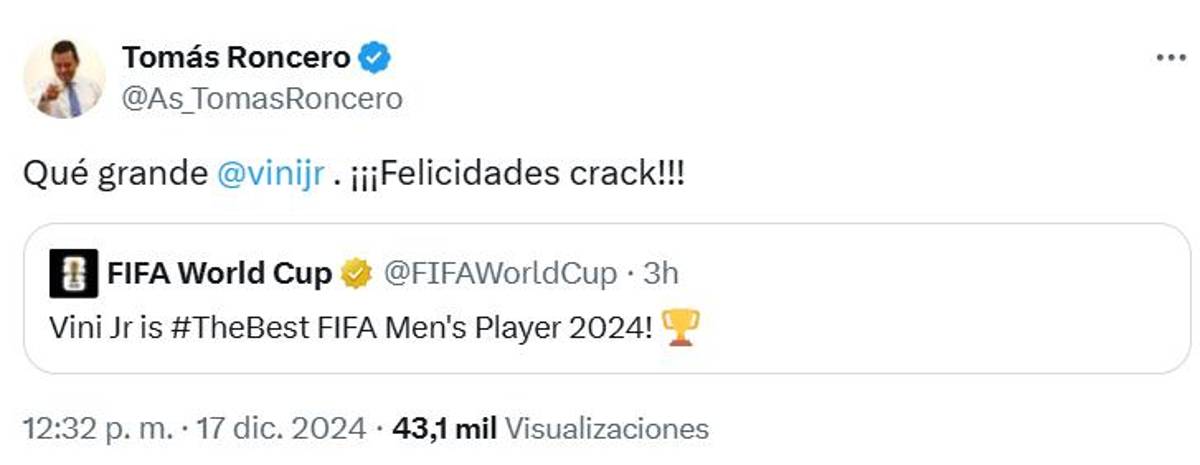 Vinicius ganó el premio The Best y la prensa reacciona: “Aquí sí asiste el Madrid; ya es mucho más grande que Neymar”