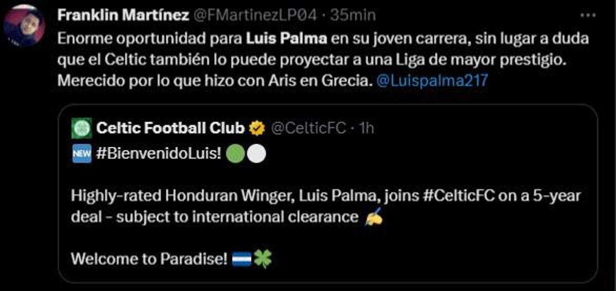 “Celtic está encantado”, “Luis Palma con número de crack”: Prensa internacional y nacional reacciona al fichaje del hondureño