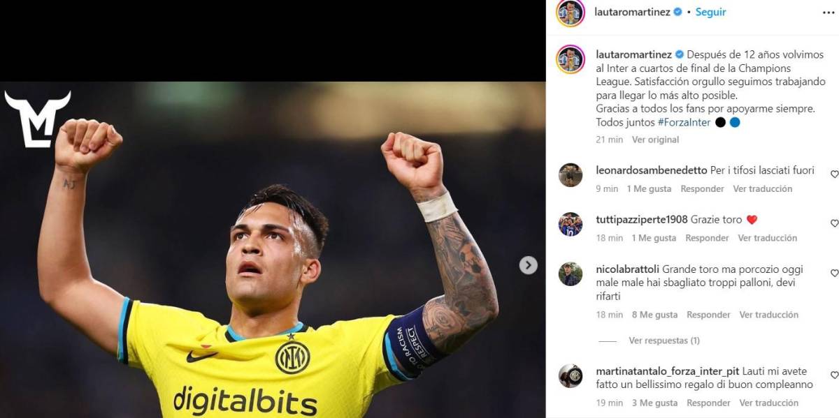 En Instagram, el argentino Lautaro Martínez resaltó la clasificación del Inter. Foto: Lautaro Martínez.