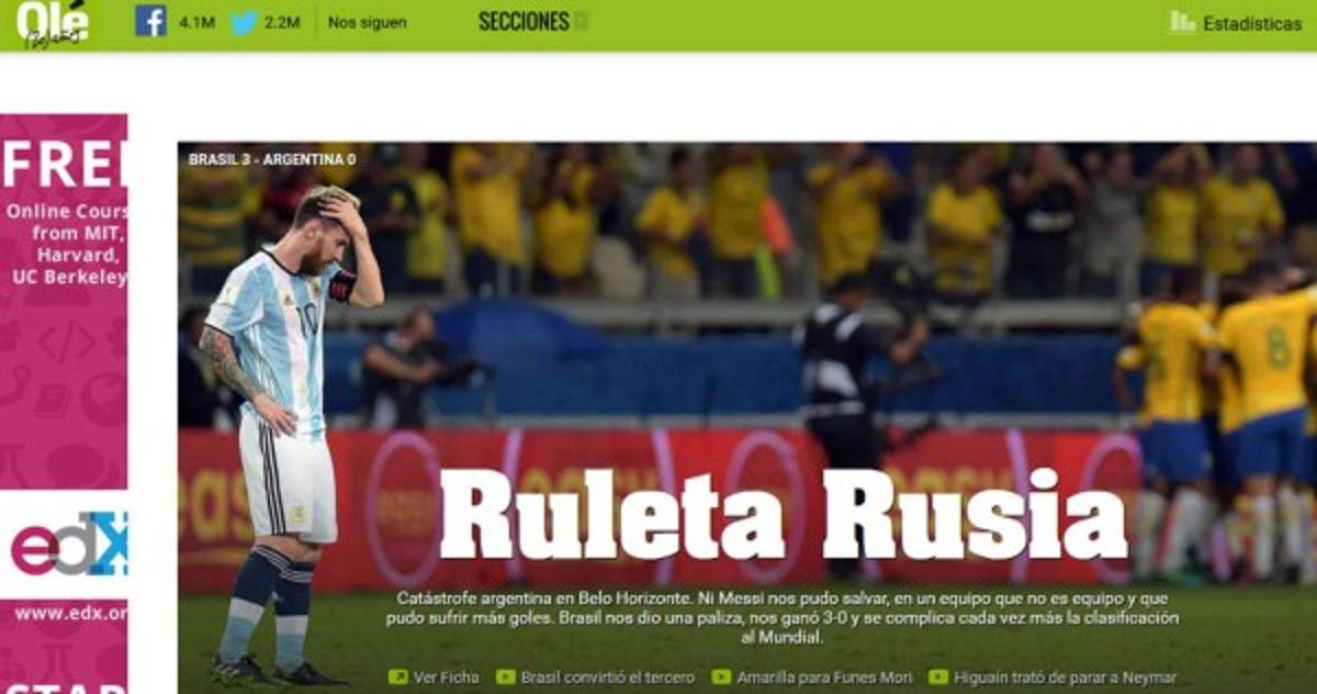 'Catástrofe, humillación', así reacciona la prensa tras goleada de Brasil a Argentina