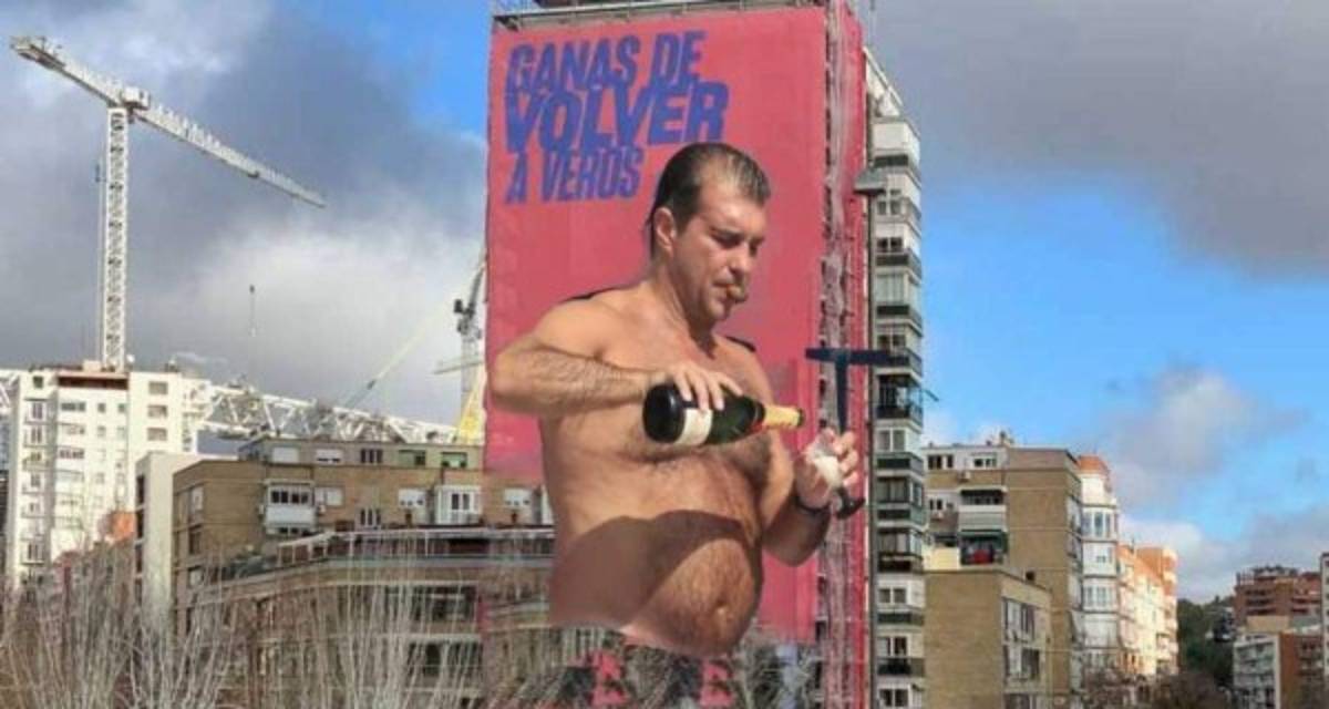 Barcelona: Laporta coloca un cartel gigante frente al Bernabéu y las redes estallan con memes