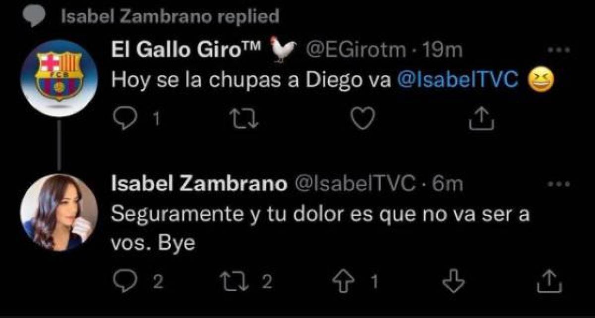 Isabel Zambrano se enfurece tras vulgar comentario de usuario en Twitter que le mencionó a Diego Vázquez