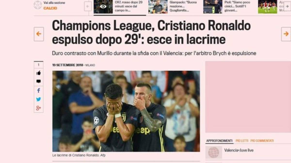 Así destaca prensa internacional expulsión de Cristiano Ronaldo