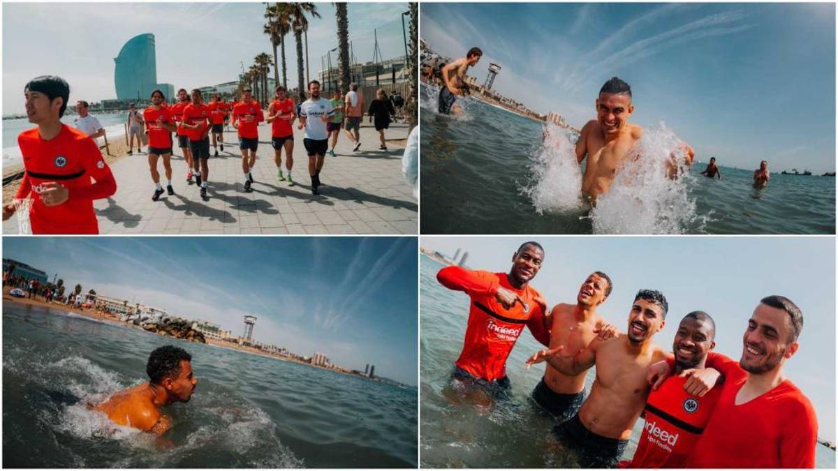 ¡Esto ya es una burla total! Futbolistas del Eintracht Frankfurt festejan clasificación en la playa de Barcelona: Siguen en las nubes