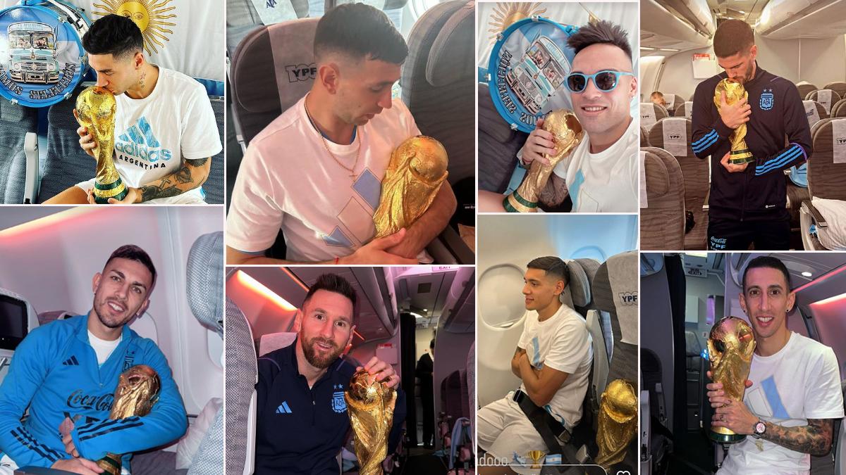 Lo que se vive dentro del avión: así viajan los jugadores de Argentina de vuelta a su país con la Copa del Mundo tras vencer a Francia