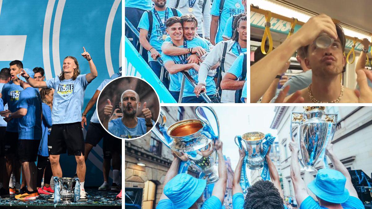 Haaland y Grealish desnudos y como guardias de seguridad; Guardiola con su famoso puro y el hijo de Foden se roba el show en los festejos del City