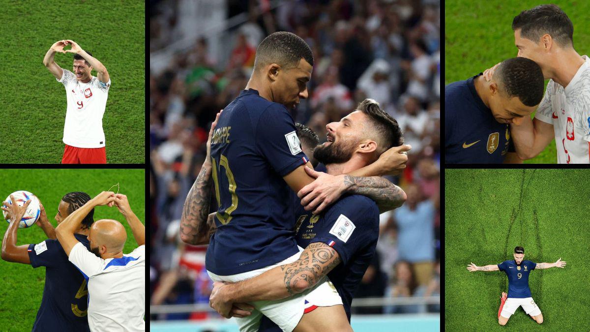 Las muestras de cariño de Giroud y Lewandowski con Mbappé; el francés que jugó con cadena de oro ante Polonia en el Mundial