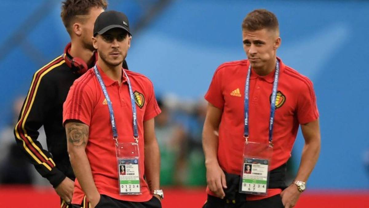 Belgium's forward Thorgan Hazard (R) and Belgium's forward Eden Hazard (L) inspect the pitch ahead of the Russia 2018 World Cup semi-final football match between France and Belgium at the Saint Petersburg Stadium in Saint Petersburg on July 10, 2018. (Photo by GABRIEL BOUYS / AFP) / RESTRICTED TO EDITORIAL USE - NO MOBILE PUSH ALERTS/DOWNLOADS (Photo credit should read GABRIEL BOUYS/AFP/Getty Images)