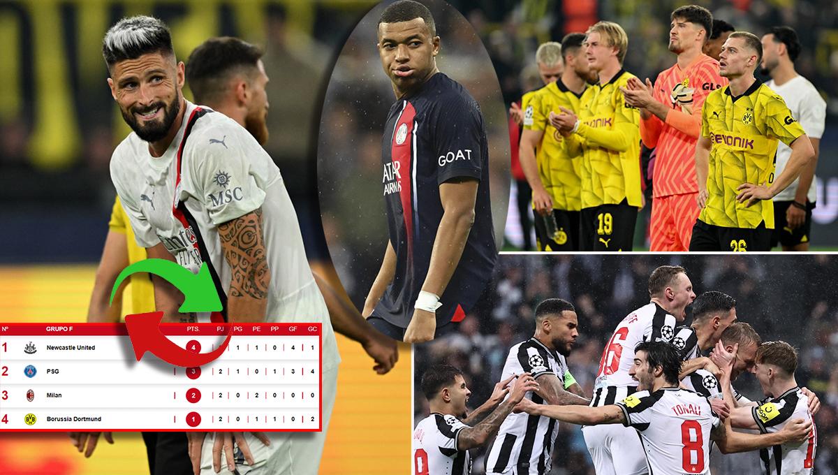 Así está el ‘grupo de la muerte’ en la Champions: Newcastle pulverizó al PSG y Dortmund empata ante el Milan