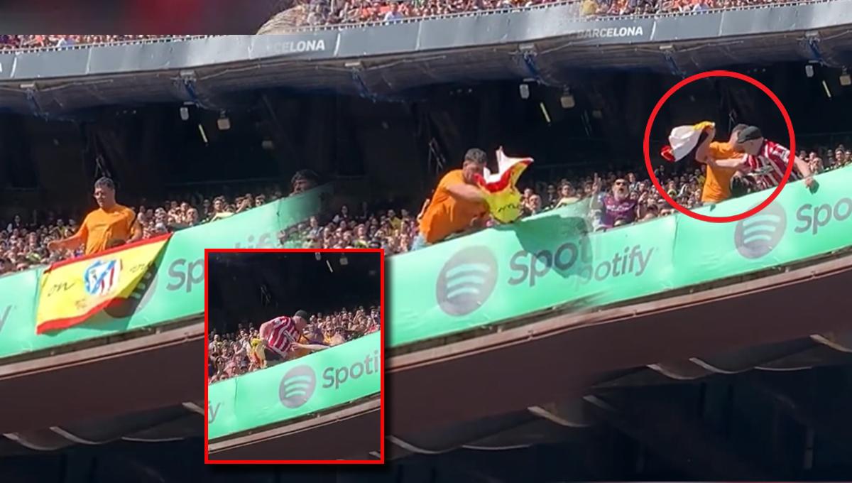 Polémica: aficionado del Atlético colgó una bandera de España en el Camp Nou y el Barcelona explica por qué la retiraron
